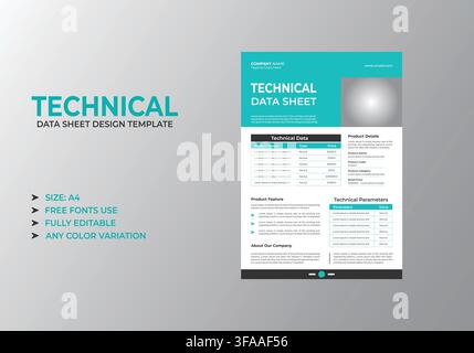 Professional Turquoise Technical Data Sheet Corporate Template Stock Vector