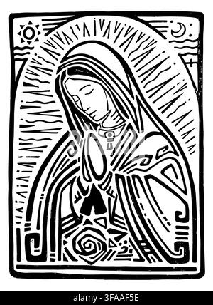 Hand-drawn geometric black ink illustration of Our Lady of Guadalupe praying with folded hands inside a rectangular frame with radiant lines, a sun, a Stock Vector