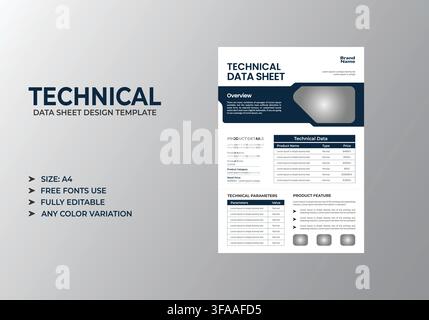 Clean White Technical Data Sheet Template with Product Information Stock Vector