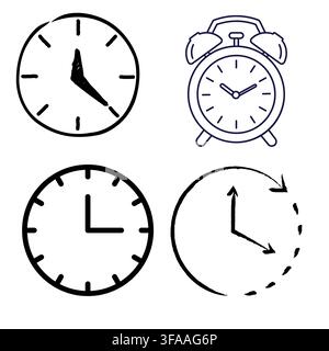 Set of four simple black and white clock icons representing time management and deadlines. Stock Vector