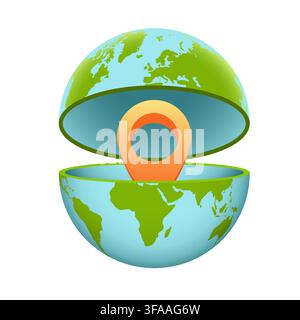 Pin inside cartoon planet. Globe with the continents. Orange color marker, is positioned in center of globe. World traveling or GPS navigation concept Stock Vector