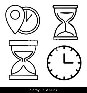 Set of time and location icons featuring hourglasses and clocks in a minimalist line style. Stock Vector