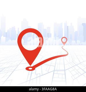Route on the map to pin. City street map with various points of interest. GPS tracking system to navigate and find way around the city landmarks Stock Vector