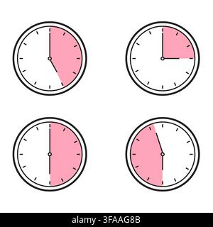 Set of four clock icons showing different time intervals with pink shaded segments Stock Vector