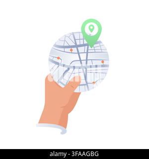 Concept of exploration and travel. Hand holding map with green marker on it. Map with city. Vector illustration on white background Stock Vector