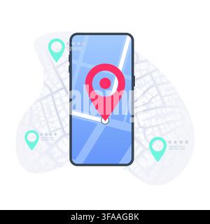Online mobile application for navigation. Smartphone, road on the screen and big pin. Location with GPS map. Vector illustration with city map Stock Vector