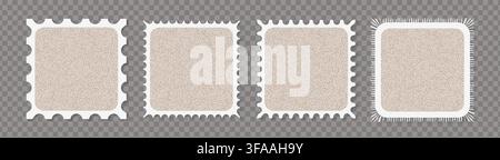 Vector set of scalloped postage frames isolated. Outline border template. Simple minimalist label text box. Blank scallop edge stamp mockup. Stock Vector
