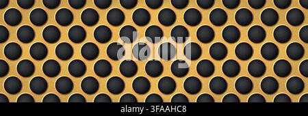 Golden seamless perforated metal sheet realistic texture. Metal chrome grill plate with round holes. Modern design carbon radiator bg. Macro speaker r Stock Vector