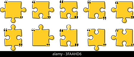 Quote box title pack isolated. Yellow puzzle style speech quotation mark frames. Text talk info message box borders. Dialog mark speech quotes icon. V Stock Vector