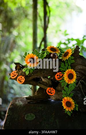 Driftwood decorated with sunflowers and pumpkin ornaments illustrates a Halloween inspired atmosphere with natural fall colors. Stock Photo