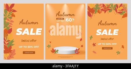 Three autumn sale banners with orange backgrounds, colorful leaves, and UP TO 60 OFF text. Perfect seasonal design for advertising, marketing, and Stock Vector