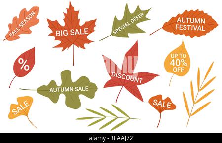 Collection of colorful autumn leaves with promotional sale texts such as Fall Season, Big Sale, Special Offer, and Up to 40 OFF. Stock Vector