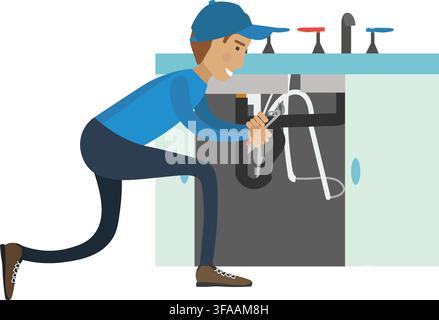 Plumber repairing pipes from leaks under kitchen sink vector icon isolated on white background Stock Vector