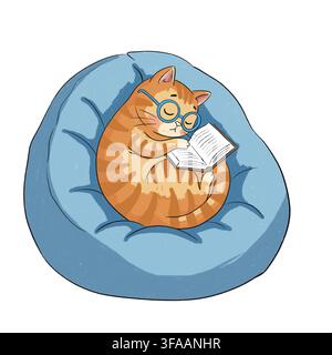 Cute cartoon ginger cat character wearing blue glasses sleeping and reading a book while curled up on a blue bean bag chair, cozy leisure concept illu Stock Photo