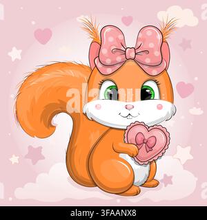 Cute cartoon Squirrel with hair bow and heart. Vector illustration of animal on pink background with stars and hearts. Stock Vector