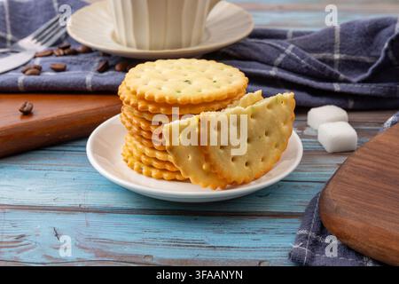 Round Scallion Seasoned Salted Crackers Stack Stock Photo