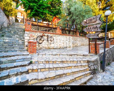 Stairs that lead to the Orthodox Church of Saint Pantaleon - Tushemisht, Albania Stock Photo