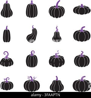 Set of 16 black pumpkin silhouettes with purple stems, vector gourd and squash icons isolated on white, Halloween and autumn harvest design elements Stock Vector