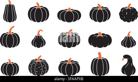 Set of 15 black pumpkin silhouettes with orange stems, vector icons of gourds and squash isolated on white background, autumn harvest and Halloween el Stock Vector