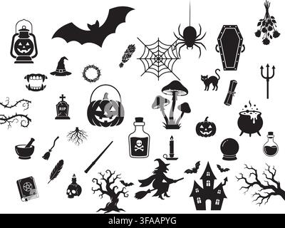 Halloween icon set with jack o lantern, bat, spider web, coffin, cauldron, witch hat, potion bottle, black cat and haunted house, black silhouettes on Stock Vector