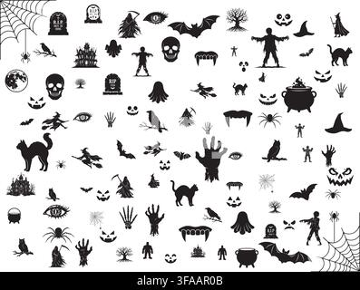 Large Halloween silhouette collection with skulls, bats, spiders, ghosts, zombies, witches, black cats, tombstones, cauldrons and carved pumpkin faces Stock Vector