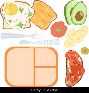 Healthy lunch container illustration featuring toast with fried eggs, tomato sandwiches. Stock Vector