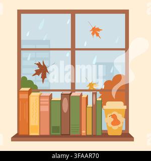 Books on windowsill, takeaway coffee cup, rainy window and autumn leaves. Stock Vector