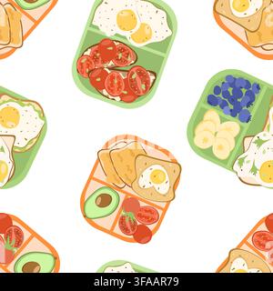 School lunch boxes with egg sandwiches, tomato toasts, blueberries, banana slices and avocado, Stock Vector