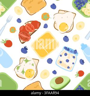 Lunch boxes, egg toasts, yogurt jars, blueberries, tomatoes, avocado and reusable water bottles. Stock Vector