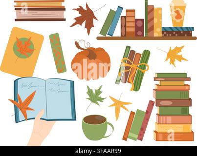 Books, open novel, pumpkin, coffee cup, bookmark and autumn leaves clipart set. Stock Vector
