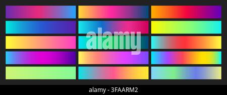 Holographic foil textures display iridescent rainbow gradients with metallic shimmer vector illustration set. Stock Vector