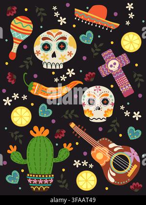 Mexican Day of the Dead vector with colorful sugar skulls guitar and sombrero Stock Vector
