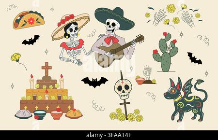 Day of the dead vector illustration set with catrina skull altar and mexican holiday elements Stock Vector