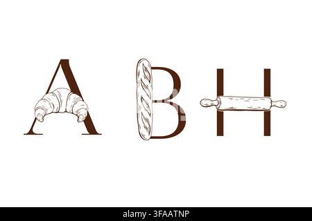 Bakery alphabet letters with croissant baguette and rolling pin illustration for typography branding logo food packaging and baking design Stock Vector
