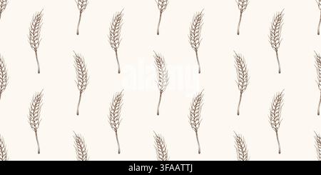 Seamless wheat pattern with grain ears bakery cereal agriculture background and hand drawn illustration on beige surface Stock Vector