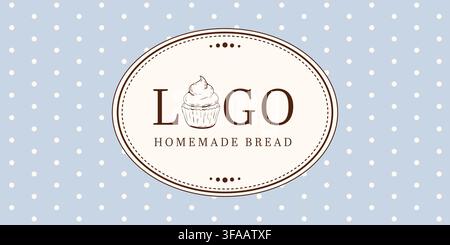 Bakery cupcake label with seamless dot pattern background vintage logo dessert packaging branding pastry and decorative design Stock Vector