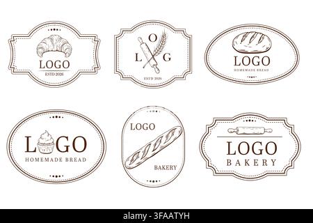 Vintage bakery logo label collection with croissant bread cupcake baguette rolling pin branding packaging and decorative food designs Stock Vector