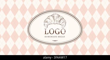Bakery label with croissant logo bread text and seamless diamond pattern background in pink beige colors Stock Vector