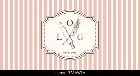 Bakery label with wheat rolling pin and seamless stripe pattern background for baking branding packaging food and decorative design Stock Vector