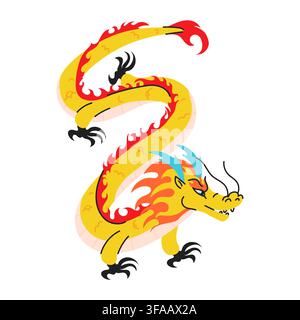 Colorful Chinese yellow dragon illustration with stylized eastern dragon on a white background, with vibrant colors, mythical character and traditional Asian-inspired details. Vector illustration Stock Vector