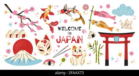 Japanese culture and travel sticker set with Mount Fuji, koi fish, sakura blossoms, maneki-neko cat, torii gate, bamboo, fox mask, sushi, chopsticks and traditional Japanese symbols. . Vector illustration Stock Vector