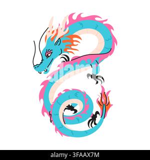 Colorful Chinese blue dragon illustration with stylized eastern dragon on a white background, with vibrant colors, mythical character and traditional Asian-inspired details. . Vector illustration Stock Vector