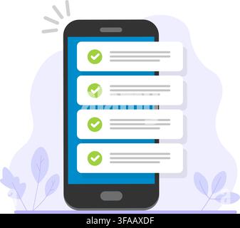 Boost productivity with this flat vector illustration of a smartphone displaying a completed to-do list with green checkmark notification bubbles. Stock Vector