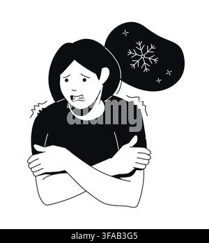 A flat design illustration of a female feeling cold, with crossed arms and a distressed expression. A snowflake icon emphasizes the chilly environment Stock Vector