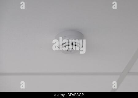 A modern white smoke alarm device is installed on a textured ceiling, providing essential safety and security for the building interior Stock Photo