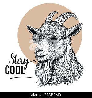 Cool Goat Wearing Sunglasses Hand Drawn Illustration Stock Vector