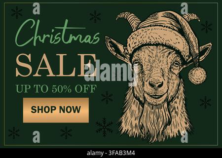 Christmas Sale Goat Holiday Promotional Banner Stock Vector