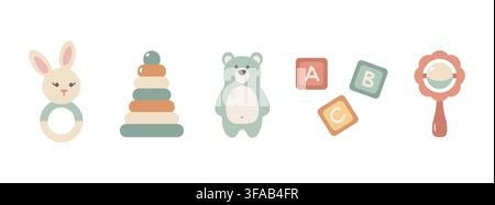 Baby set toys vector design elements. Pyramid, teddy bear, rattle, cubes, childhood items. Cute nursery accessories icons for celebration design, cards, invitations, birthday, childrens party. Stock Vector
