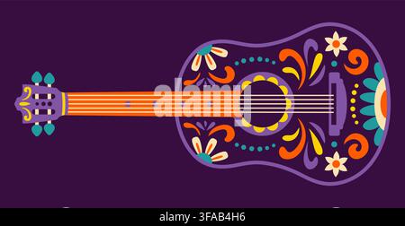 Decorated Mexican guitar with floral pattern inspired by Dia de los Muertos. Traditional Mexico festival symbolic for Death celebration. Mexican folk illustration of the calavera musical instrument. Stock Vector