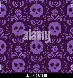 Seamless purple pattern for Day of the Dead with a decorative calavera sugar skull and floral ornament. Traditional mexican Halloween design, Dia De Los Muertos holiday party. Mexico festival Stock Vector
